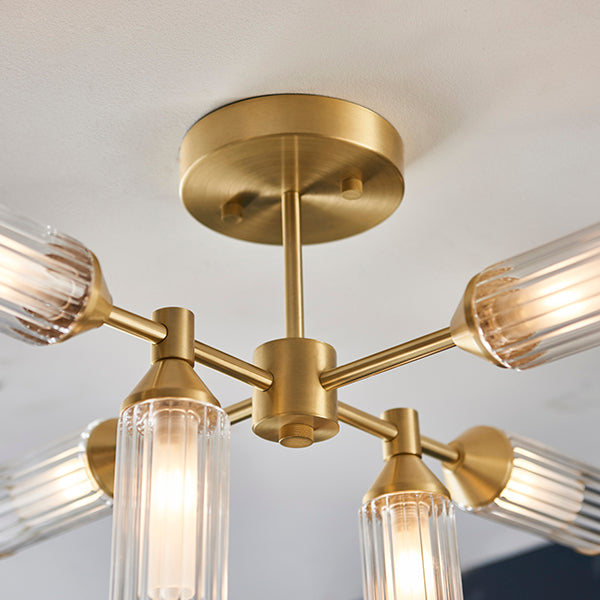 Ribbed and frosted glass satin brass semi-flush