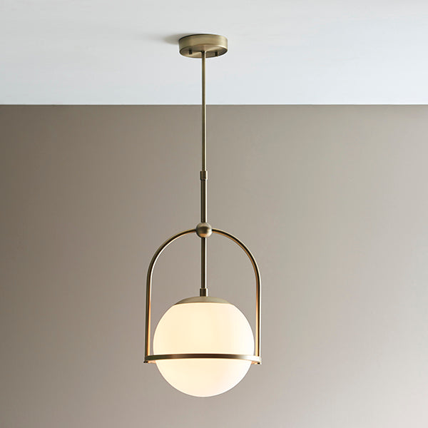 Matt antique brass single pendant with opal glass and adjustable stem