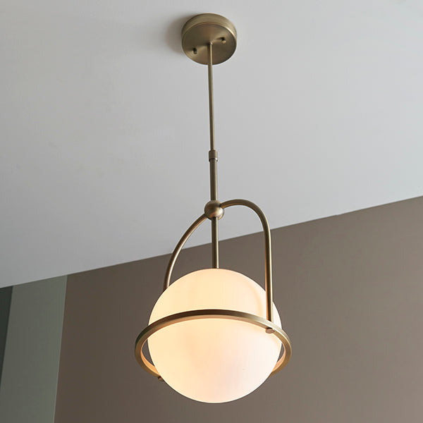 Matt antique brass single pendant with opal glass and adjustable stem