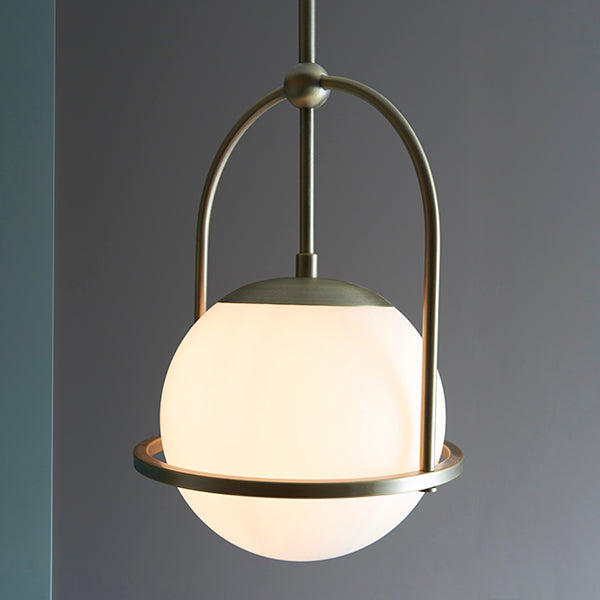 Matt antique brass single pendant with opal glass and adjustable stem