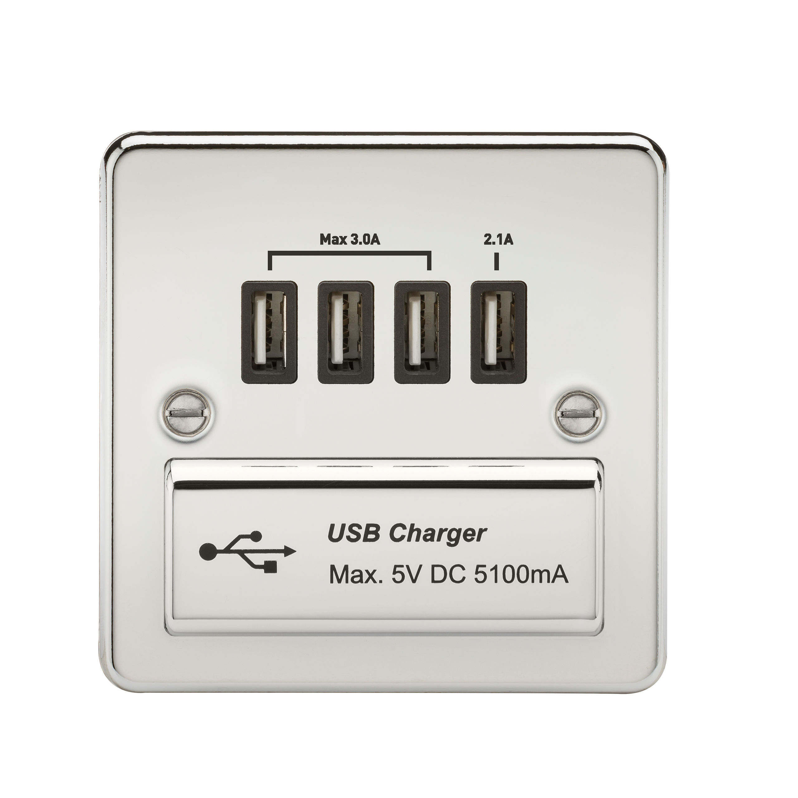 ML Accessories-FPQUADPC Flat Plate Quad USB charger outlet - Polished chrome with black insert