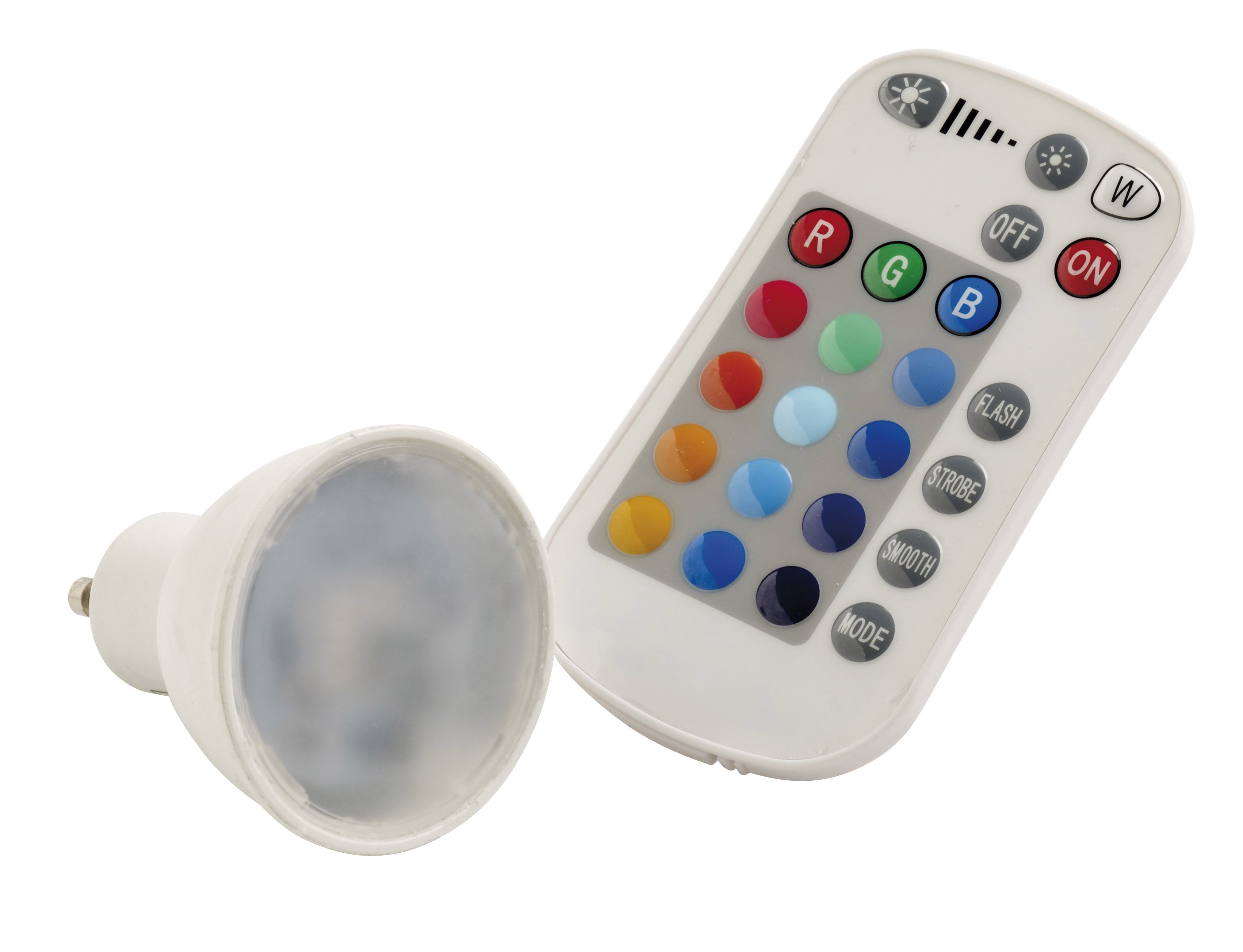 GU10 5W RGB+warm white LED lamp with IR remote control