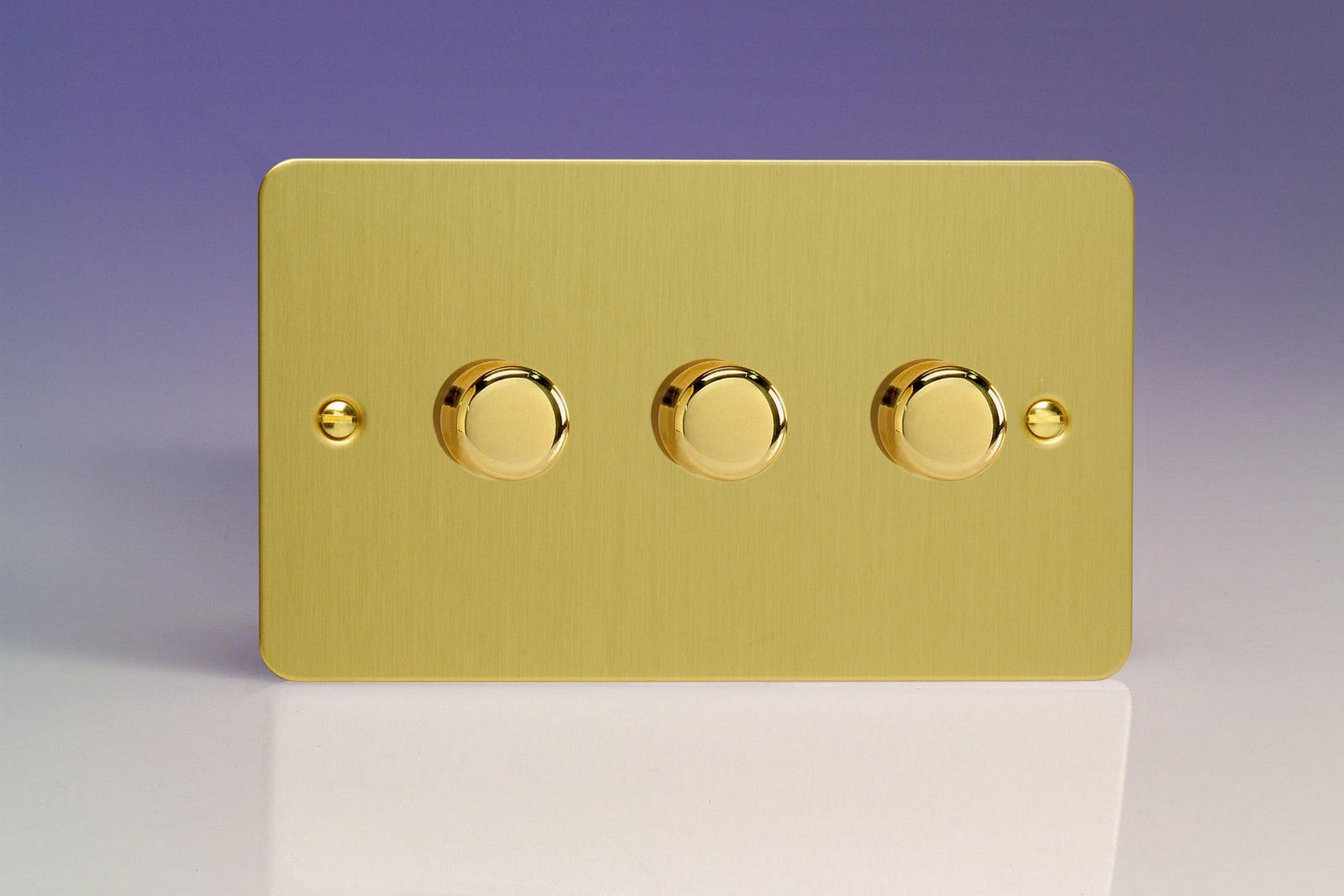 Varilight HFB33 Ultraflat Brushed Brass 3-Gang 2-Way Push-On/Off Rotary Dimmer 3 x 60-400W (Twin Plate)