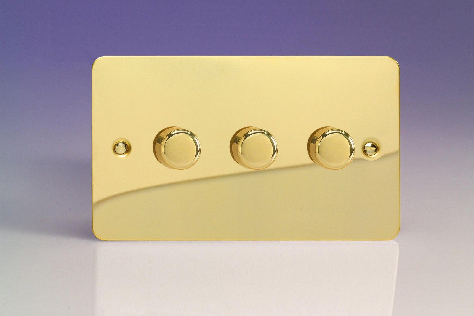 Varilight HFV33 Ultraflat Polished Brass 3-Gang 2-Way Push-On/Off Rotary Dimmer 3 x 60-400W (Twin Plate)