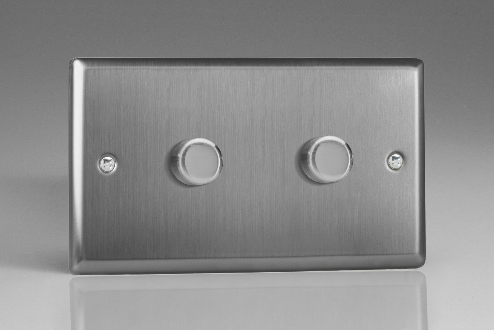 Varilight HT62 Classic Brushed Steel 2-Gang 2-Way Push-On/Off Rotary Dimmer 2 x 200-600W (Twin Plate)