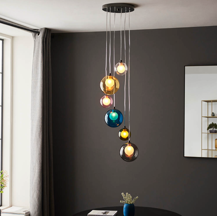 Multi-coloured glass 6 light cluster pendant