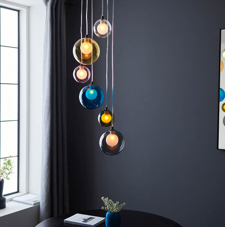 Multi-coloured glass 6 light cluster pendant