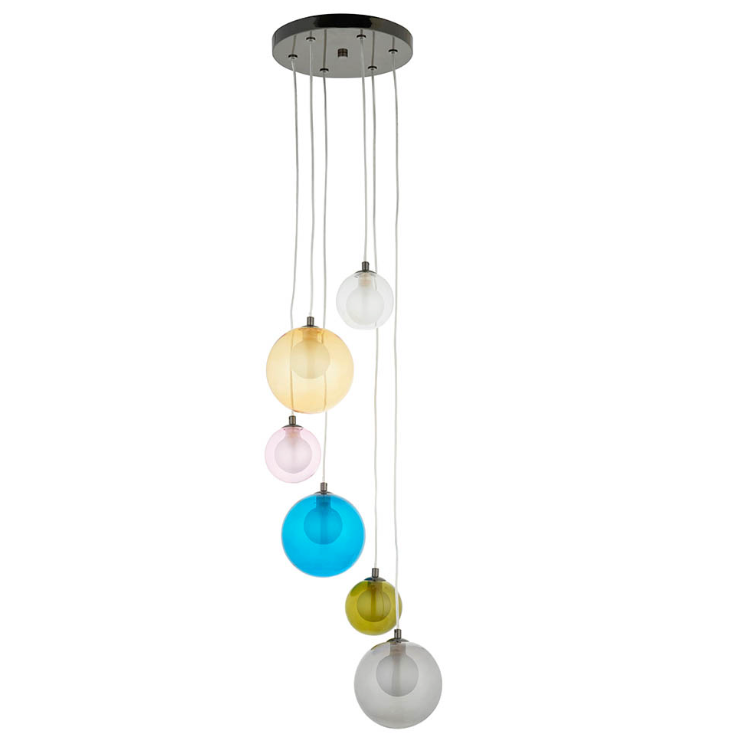Multi-coloured glass 6 light cluster pendant
