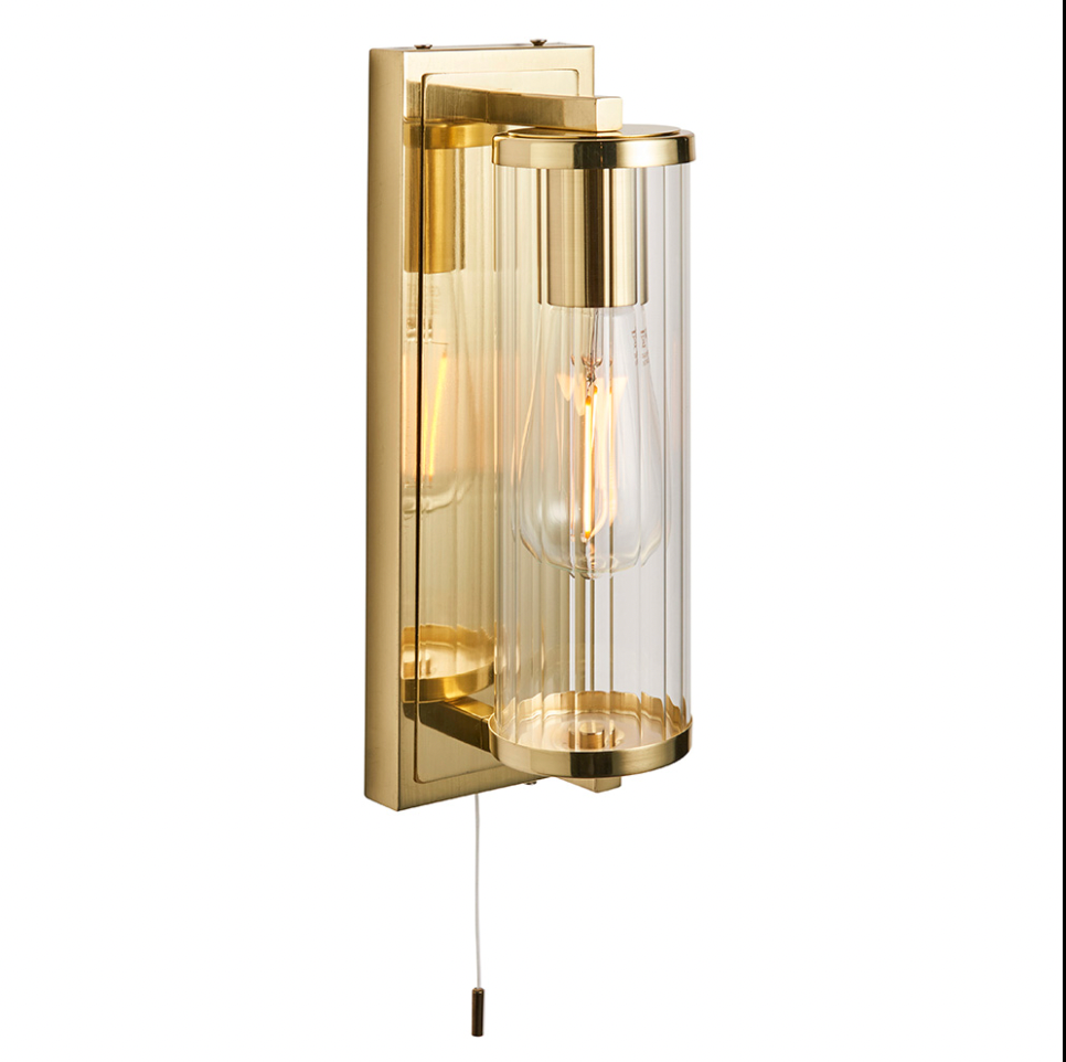 Ribbed Glass Cylinder brushed gold wall light IP44