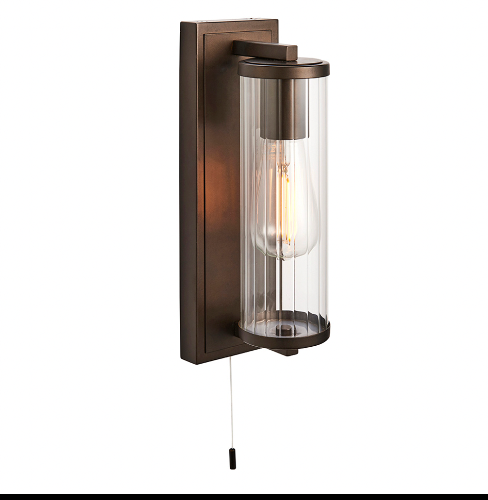 Ribbed Glass Cylinder brushed gold wall light IP44