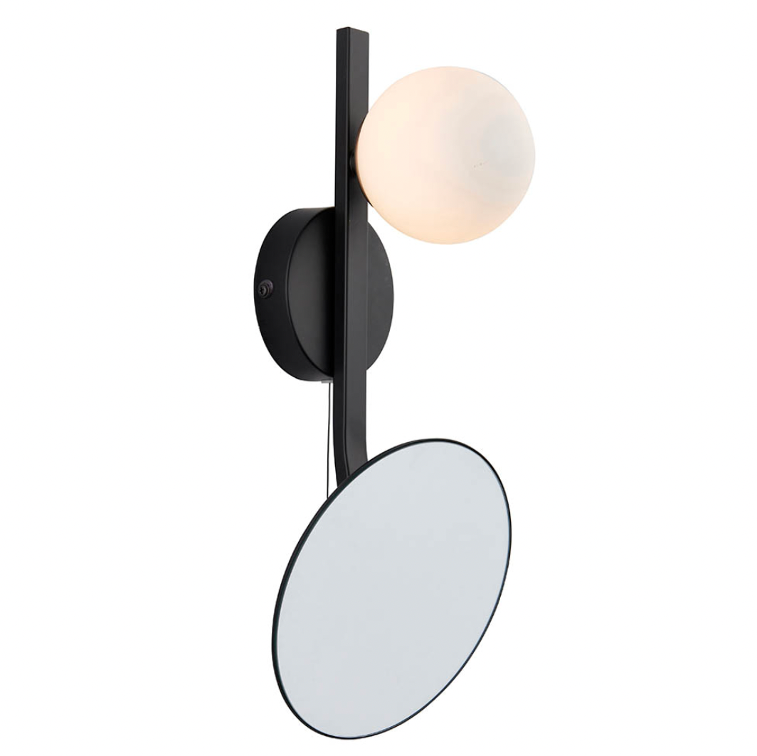 Mirrored IP44 black wall light with opal glass shade