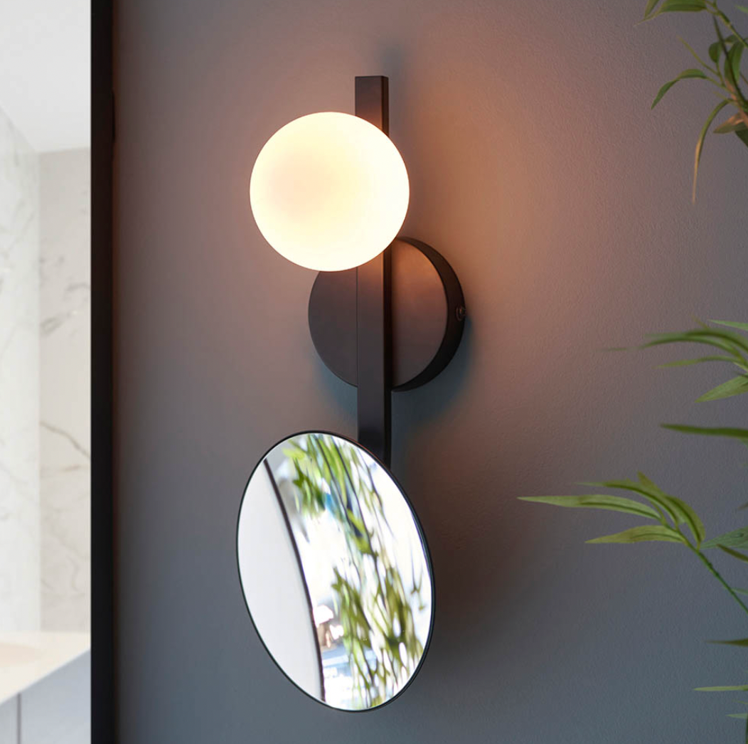 Mirrored IP44 black wall light with opal glass shade