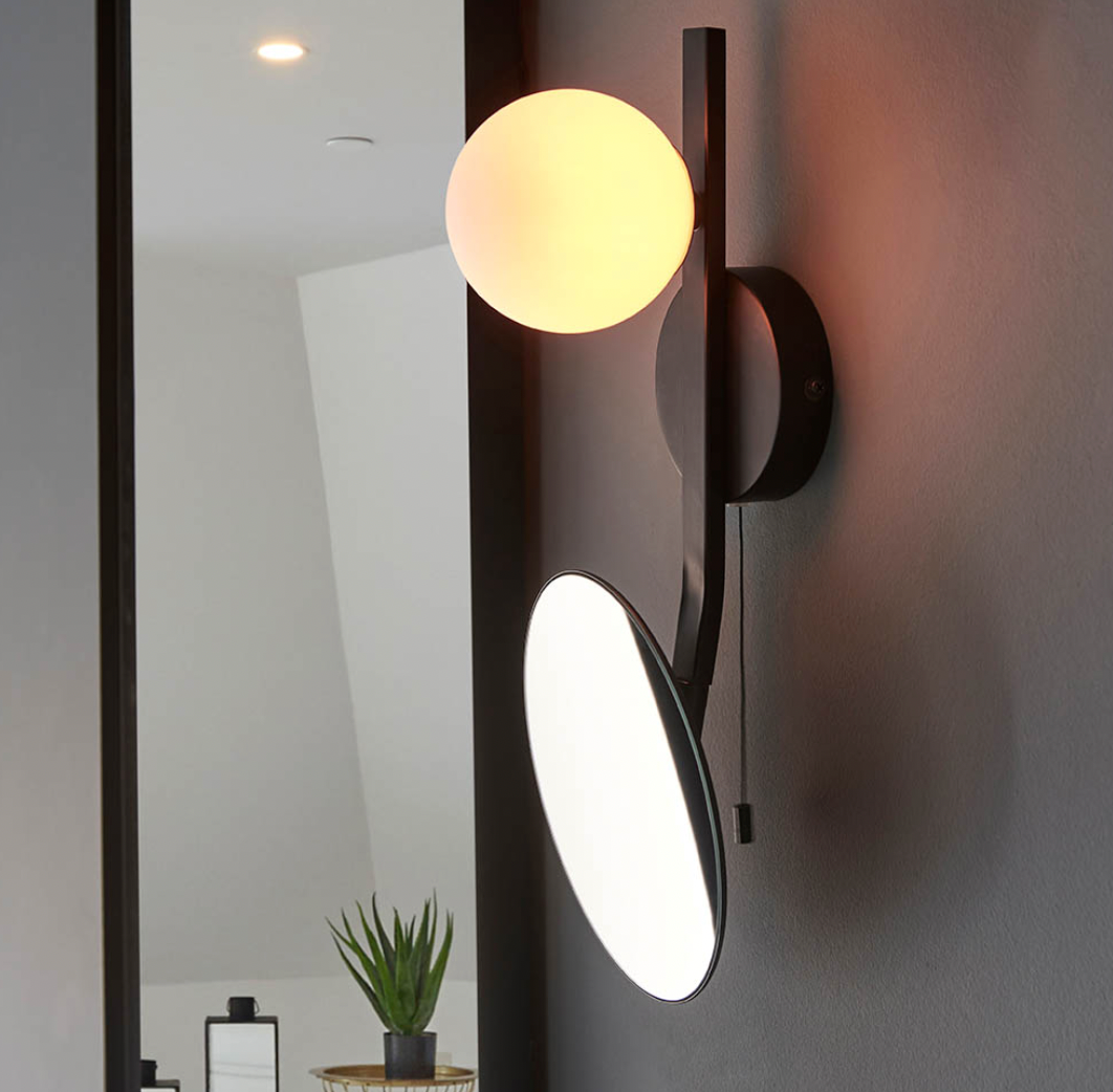 Mirrored IP44 black wall light with opal glass shade