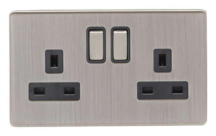 2 Gang Socket in Satin Nickel With Black Trim