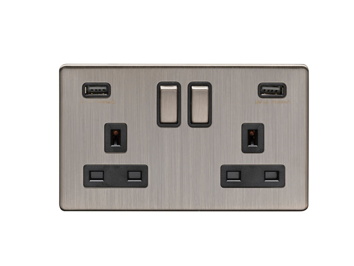 2 Gang USB Socket in Satin Nickel With Black Trim