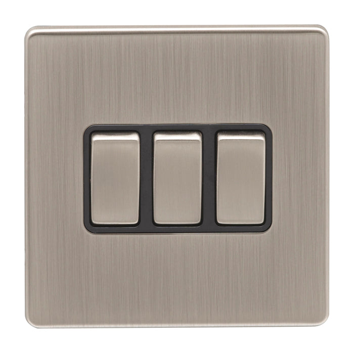 3 Gang Switch in Satin Nickel With Black Trim