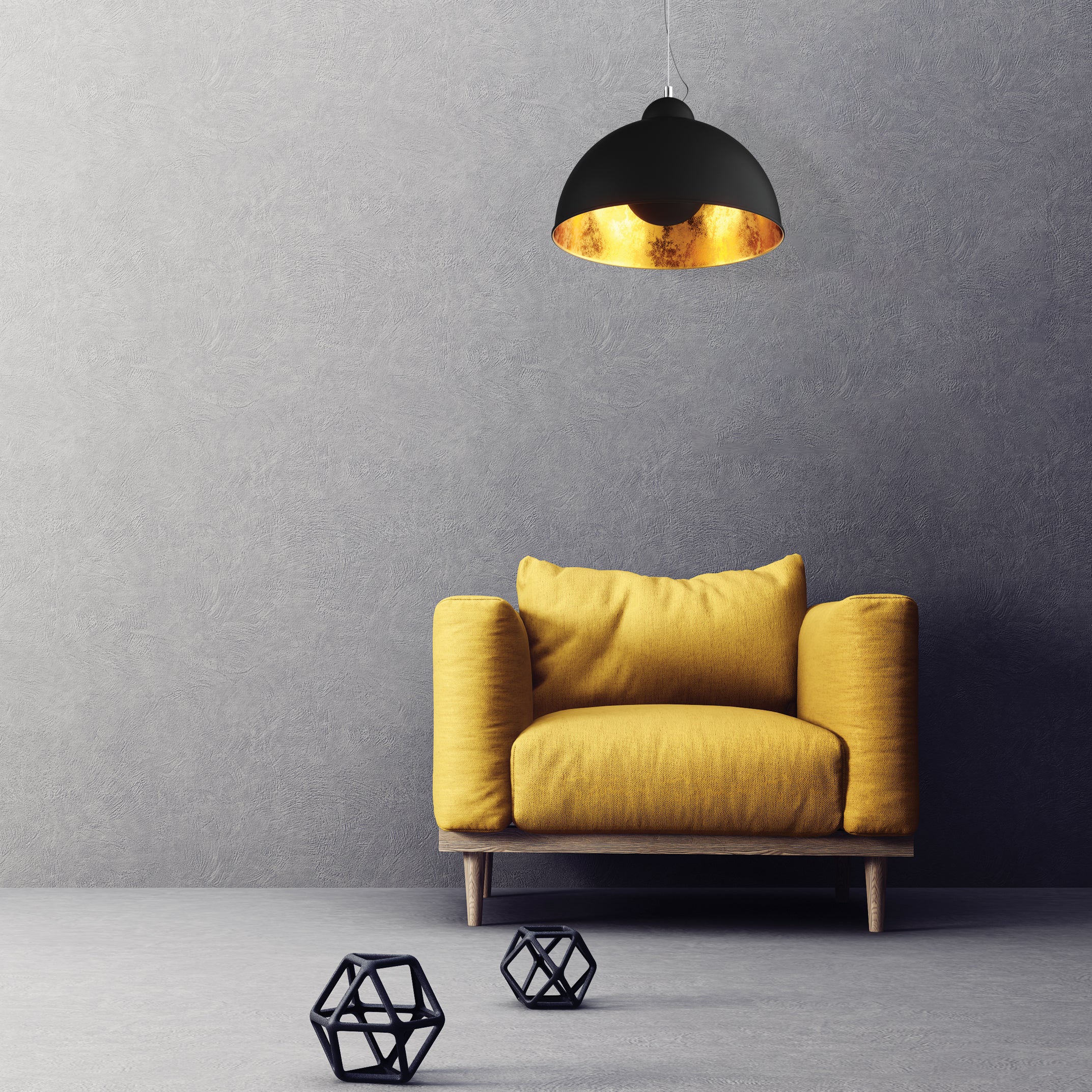 Lighting by Yuvilite. This is a lighting pendant from Zumaline, the Antenne ceiling pendant light which is black and gold inside.