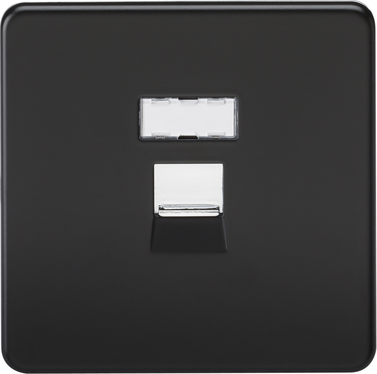 Screwless RJ45 network outlet - matt black with chrome shutter