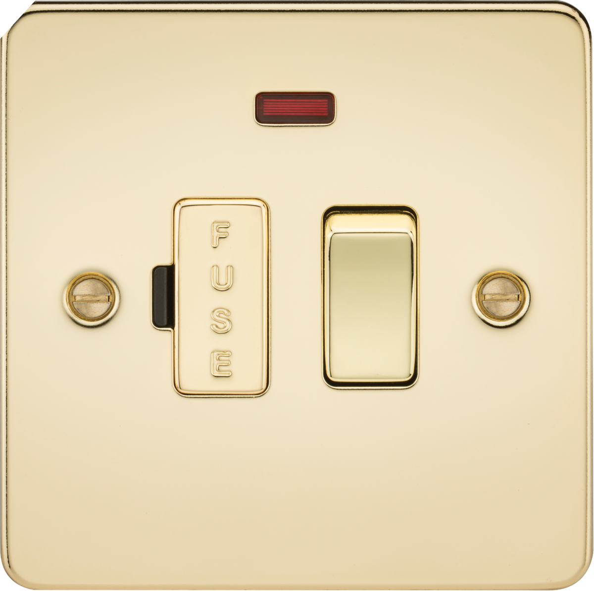 Flat Plate 13A switched fused spur unit with neon - polished brass