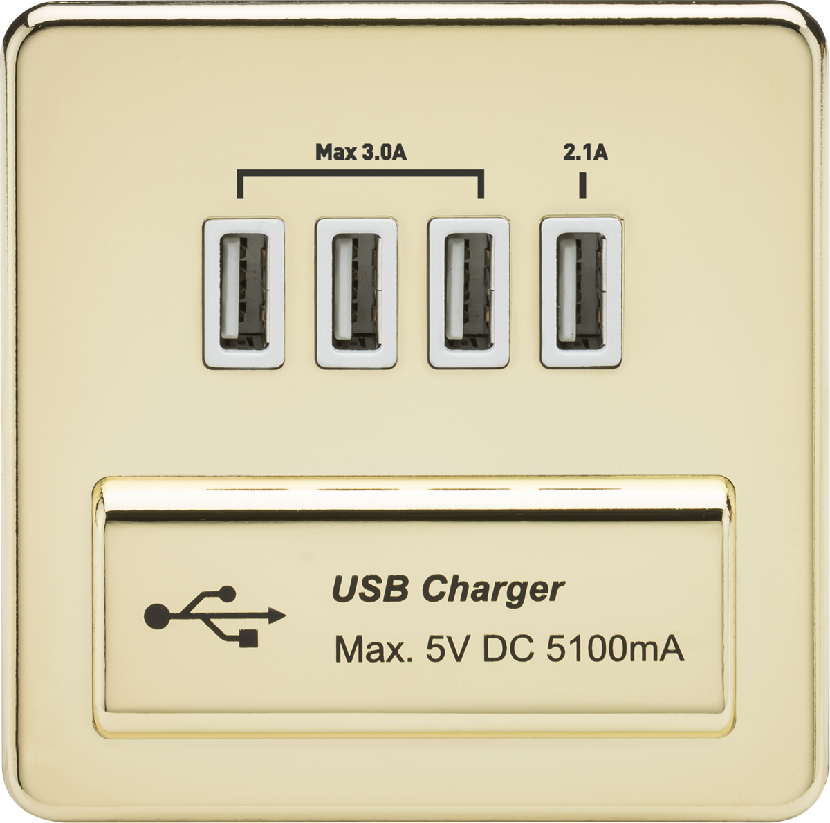Screwless Quad USB Charger Outlet (5.1A) - Polished Brass with White Insert