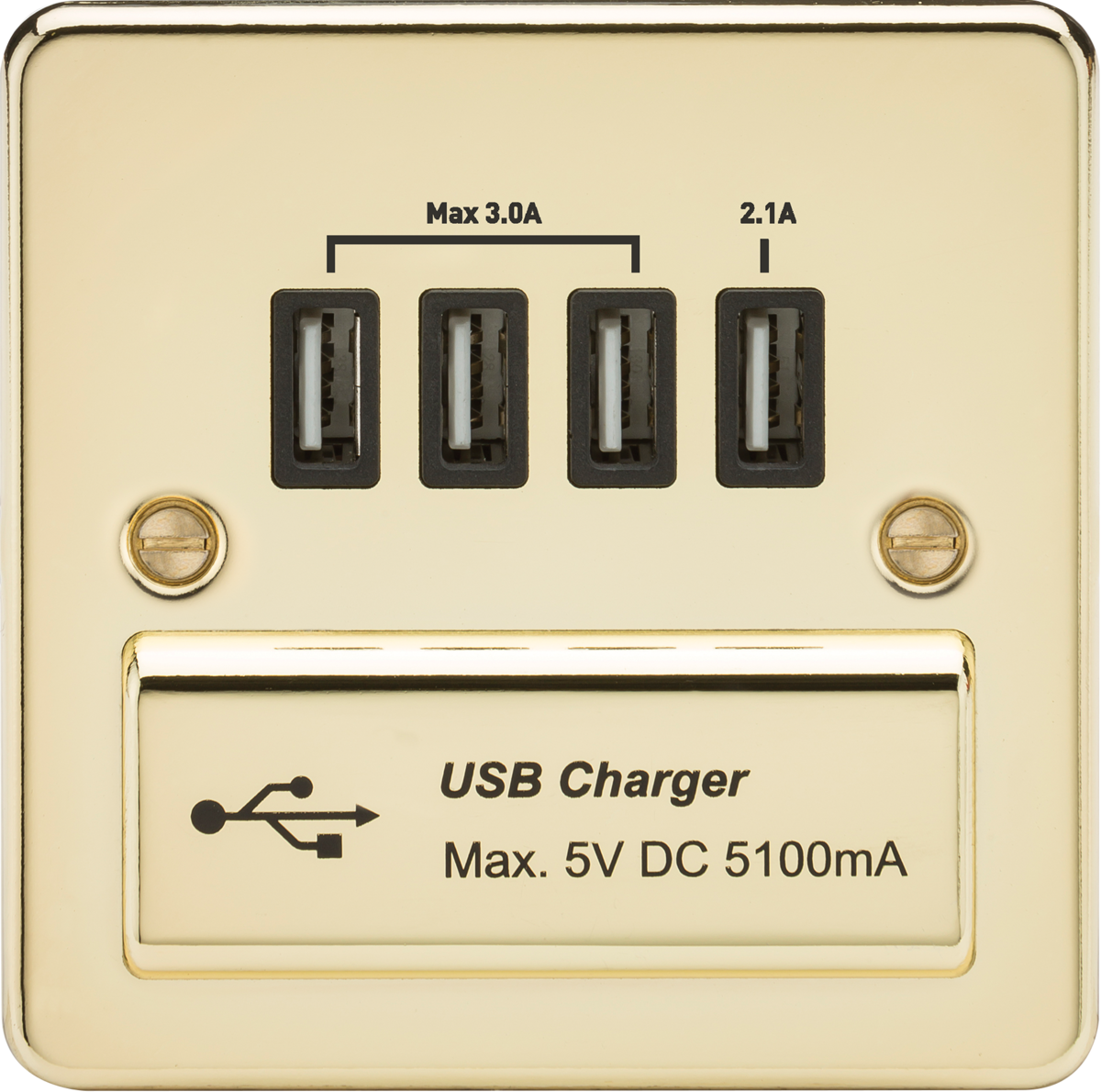Flat Plate Quad USB charger outlet - Polished brass with black insert