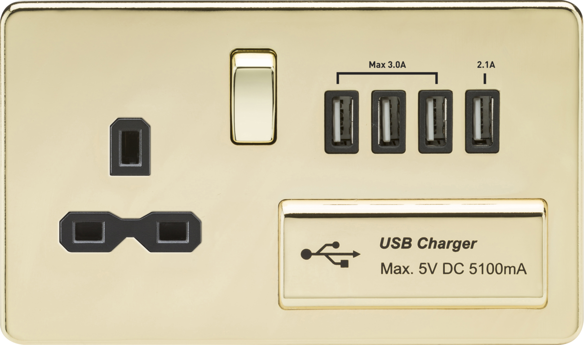 Screwless 13A switched socket with quad USB charger (5.1A) - polished brass with black insert