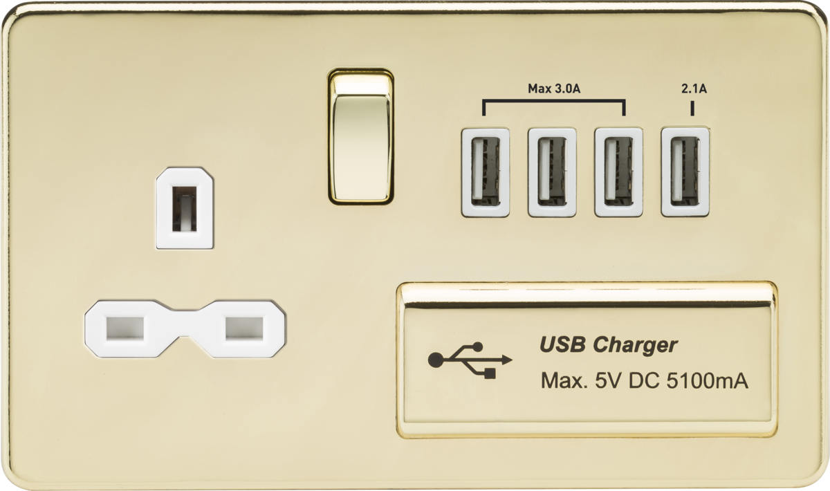 Screwless 13A switched socket with quad USB charger (5.1A) - polished brass with white insert