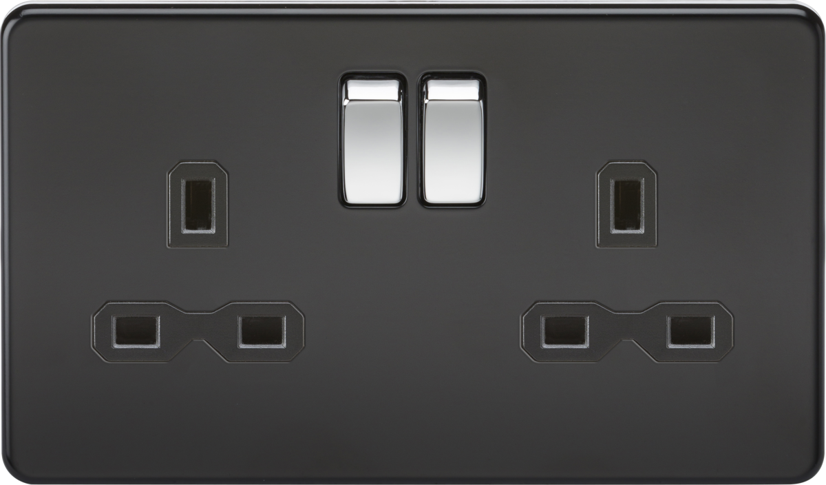 Screwless 13A 2G DP switched socket - matt black with black insert and chrome rockers