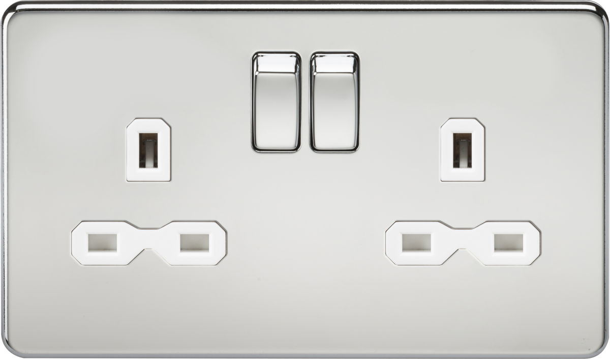 Screwless 13A 2G DP switched socket - polished chrome with white insert