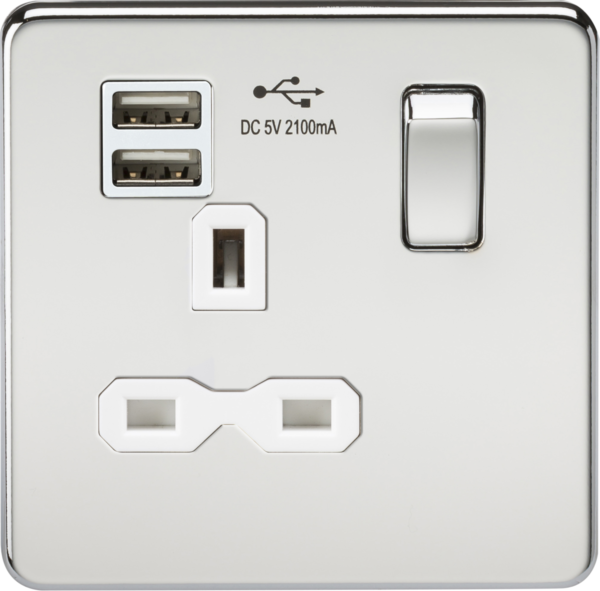 Screwless 13A 1G switched socket with dual USB charger (2.1A) - polished chrome with white insert