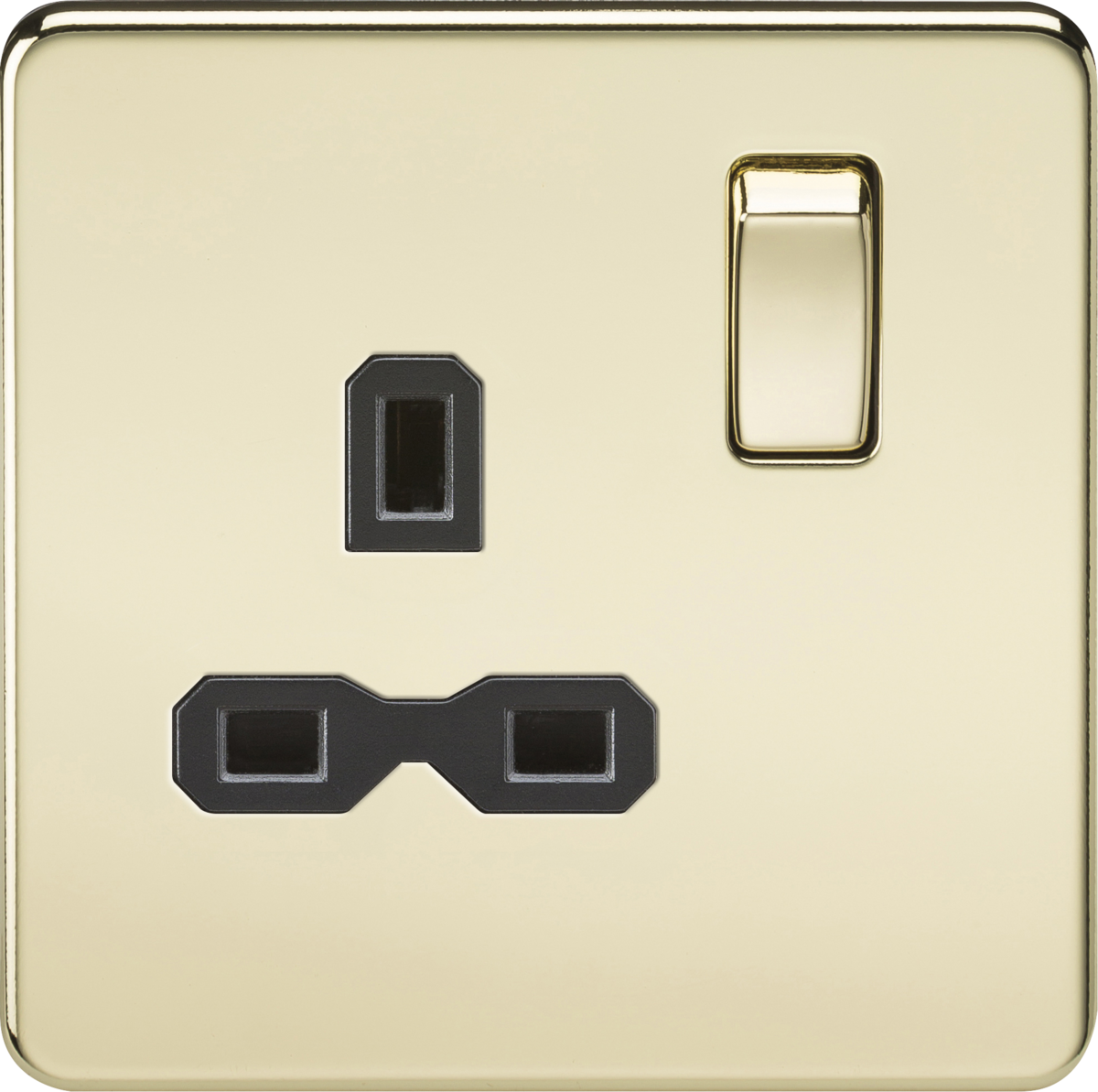 Screwless 13A 1G DP switched socket - polished brass with black insert