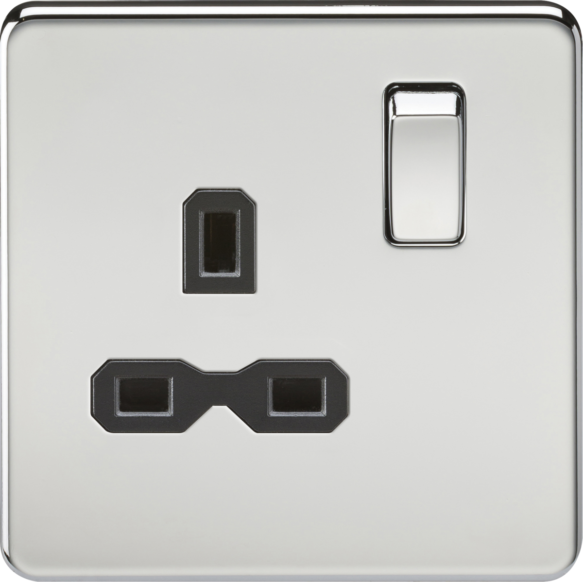 Screwless 13A 1G DP switched socket - polished chrome with black insert