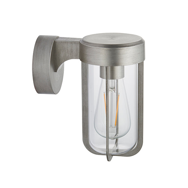 Die-cast IP44 brushed silver & clear glass E27 wall light