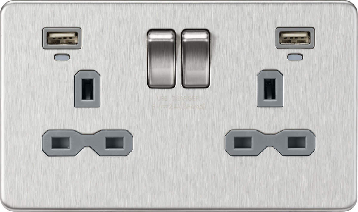 13A 2G Switched Socket, Dual USB (2.4A) with LED Charge Indicators - Brushed Chrome w/grey insert