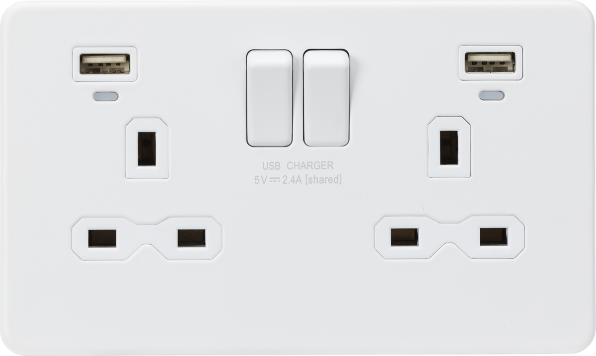 13A 2G Switched Socket, Dual USB (2.4A) with LED Charge Indicators - Matt White