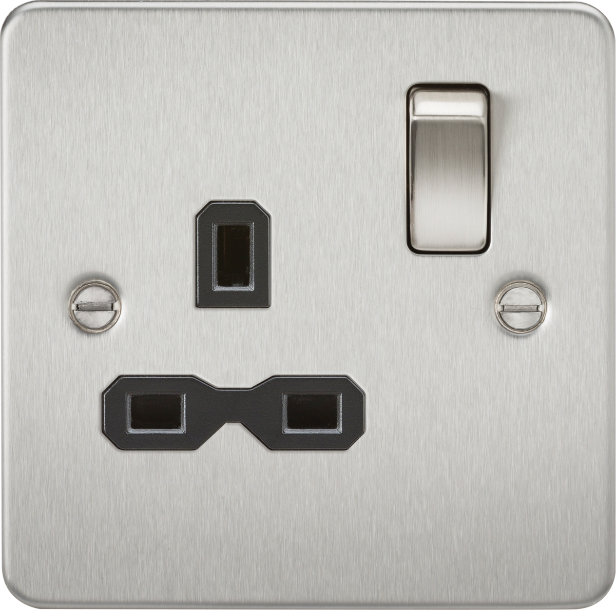 Flat plate 13A 1G DP switched socket - brushed chrome with black insert