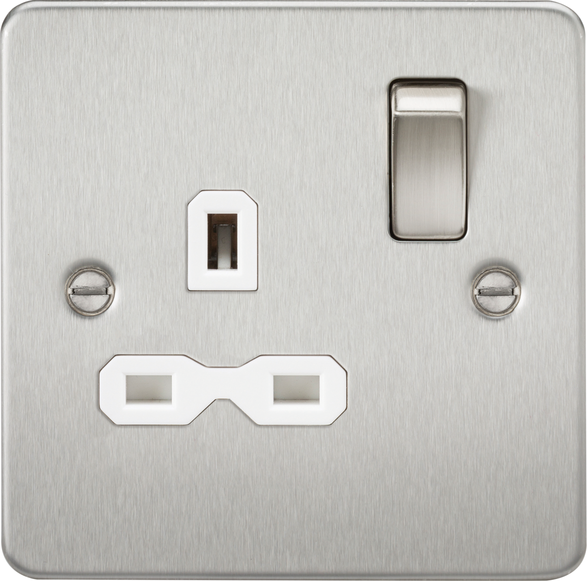 Flat plate 13A 1G DP switched socket - brushed chrome with white insert