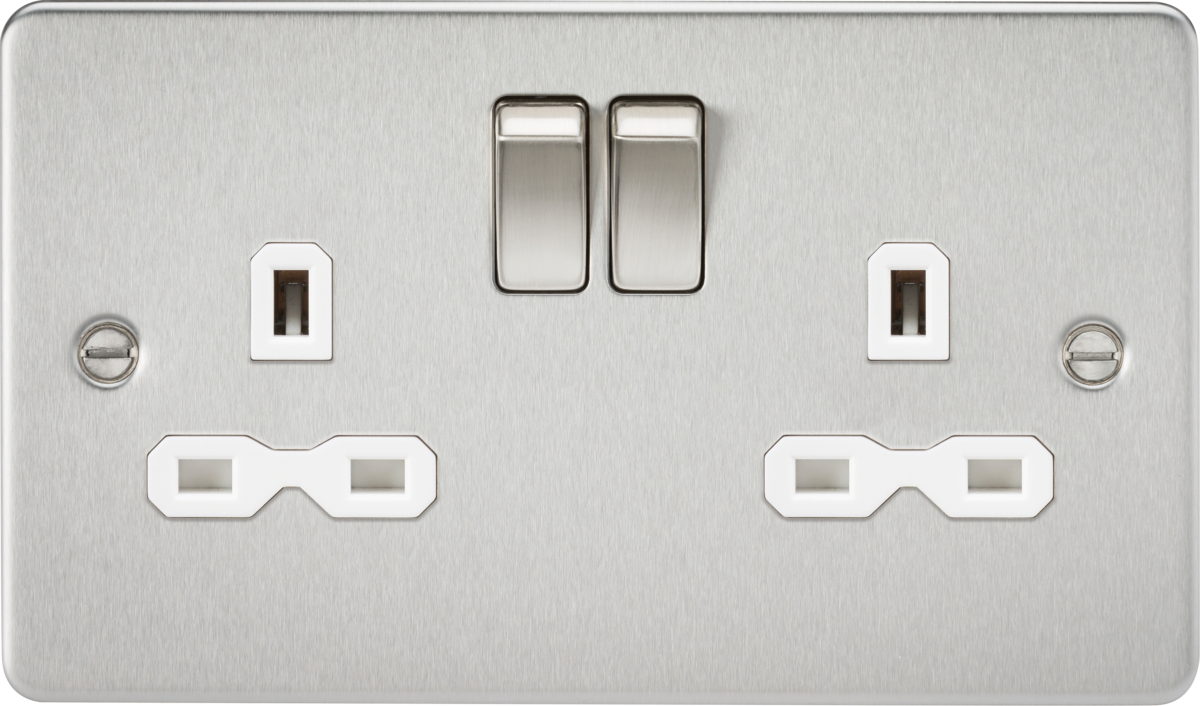 Flat plate 13A 2G DP switched socket - brushed chrome with white insert