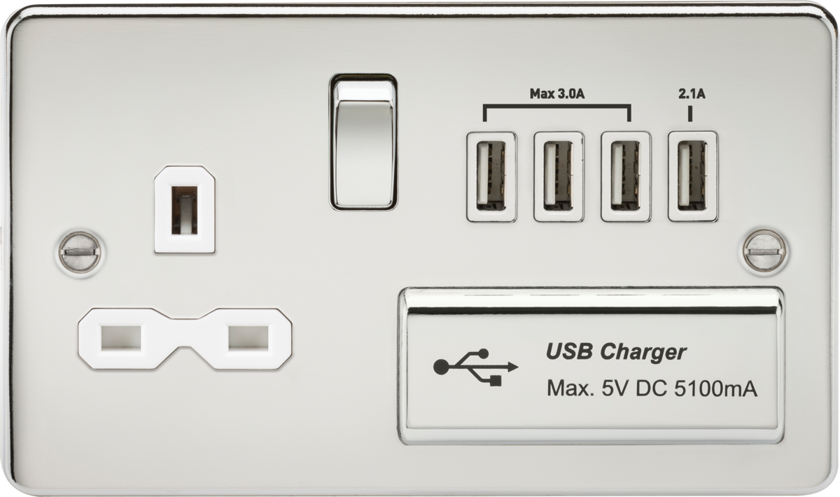 Flat plate 13A switched socket with quad USB charger - polished chrome with white insert