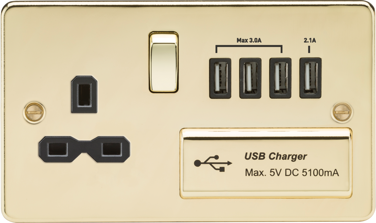 Flat plate 13A switched socket with quad USB charger - polished brass with black insert