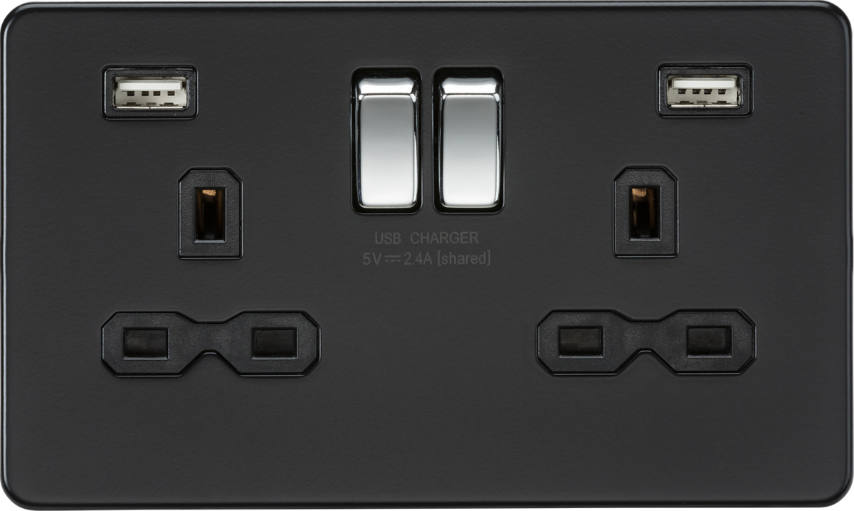 13A 2G switched socket with dual USB charger A + A (2.4A) - Matt black with chrome rockers Rockers