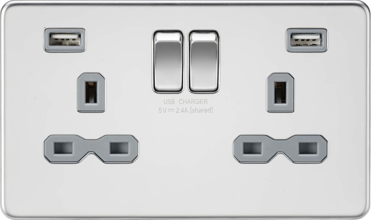 13A 2G switched socket with dual USB charger A + A (2.4A) - Polished chrome with grey insert