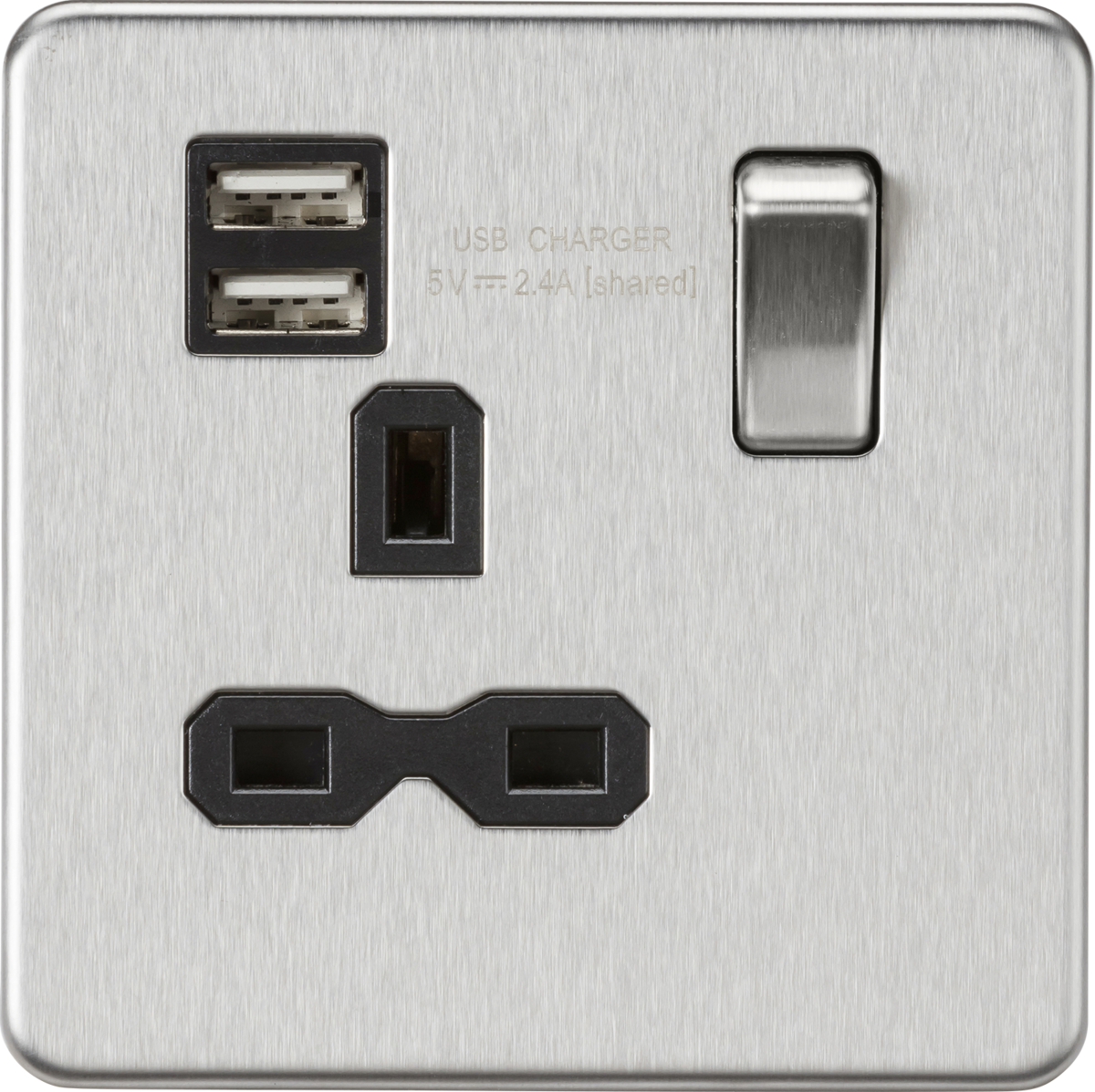 Screwless 13A 1G switched socket with dual USB charger (2.4A) - brushed chrome with black insert