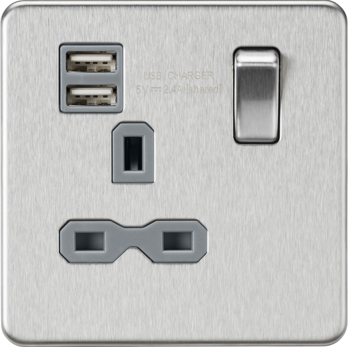 Screwless 13A 1G switched socket with dual USB charger (2.4A) - brushed chrome with grey insert