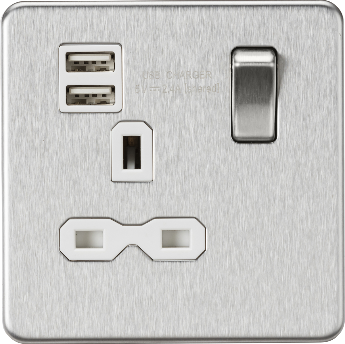 Screwless 13A 1G switched socket with dual USB charger (2.4A) - brushed chrome with white insert