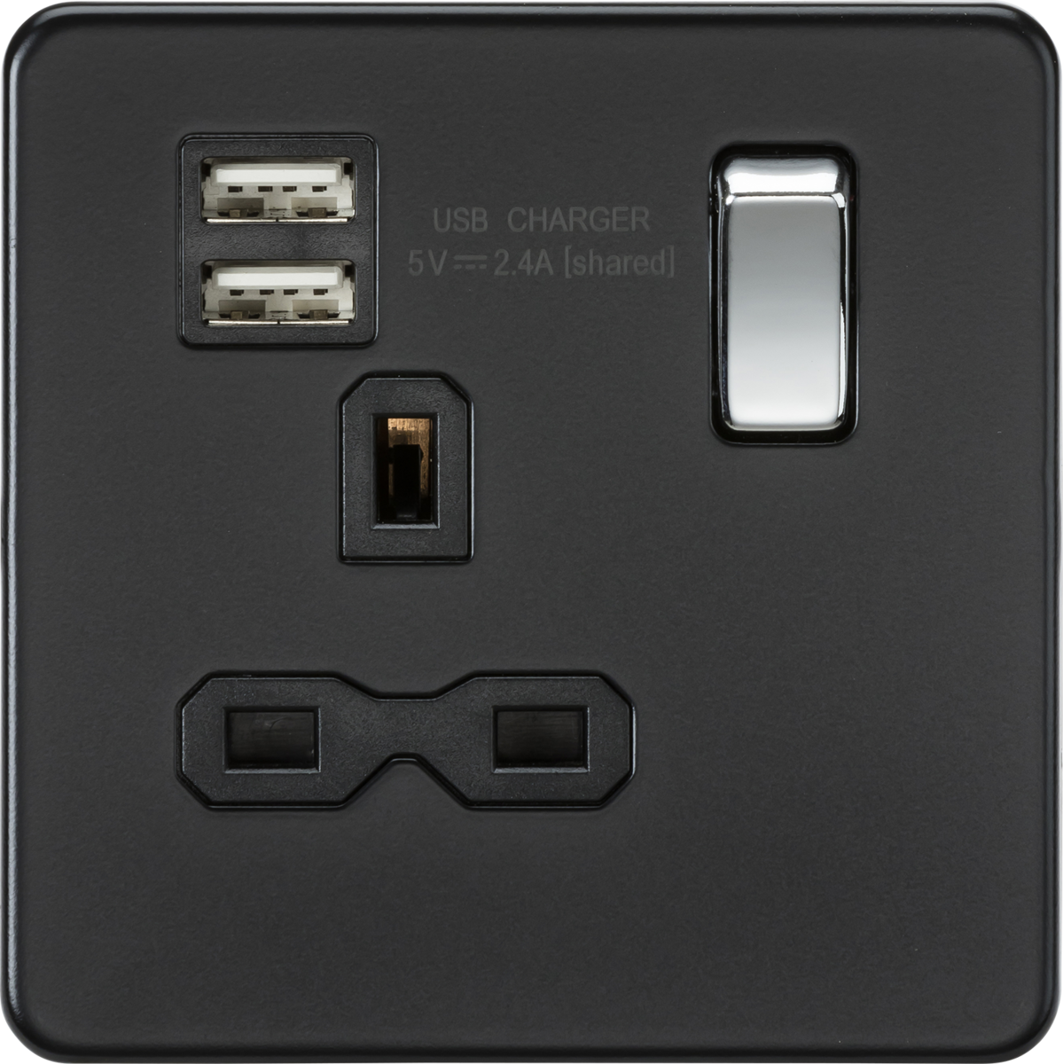 Screwless 13A 1G switched socket with dual USB charger (2.4A) - matt black with chrome rocker