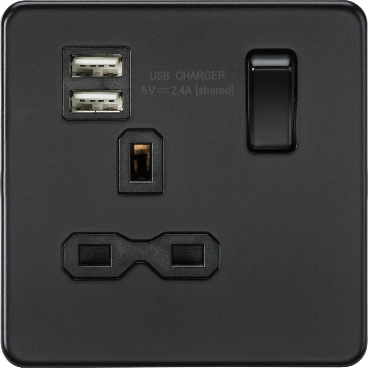 Screwless 13A 1G switched socket with dual USB charger (2.4A) - matt black