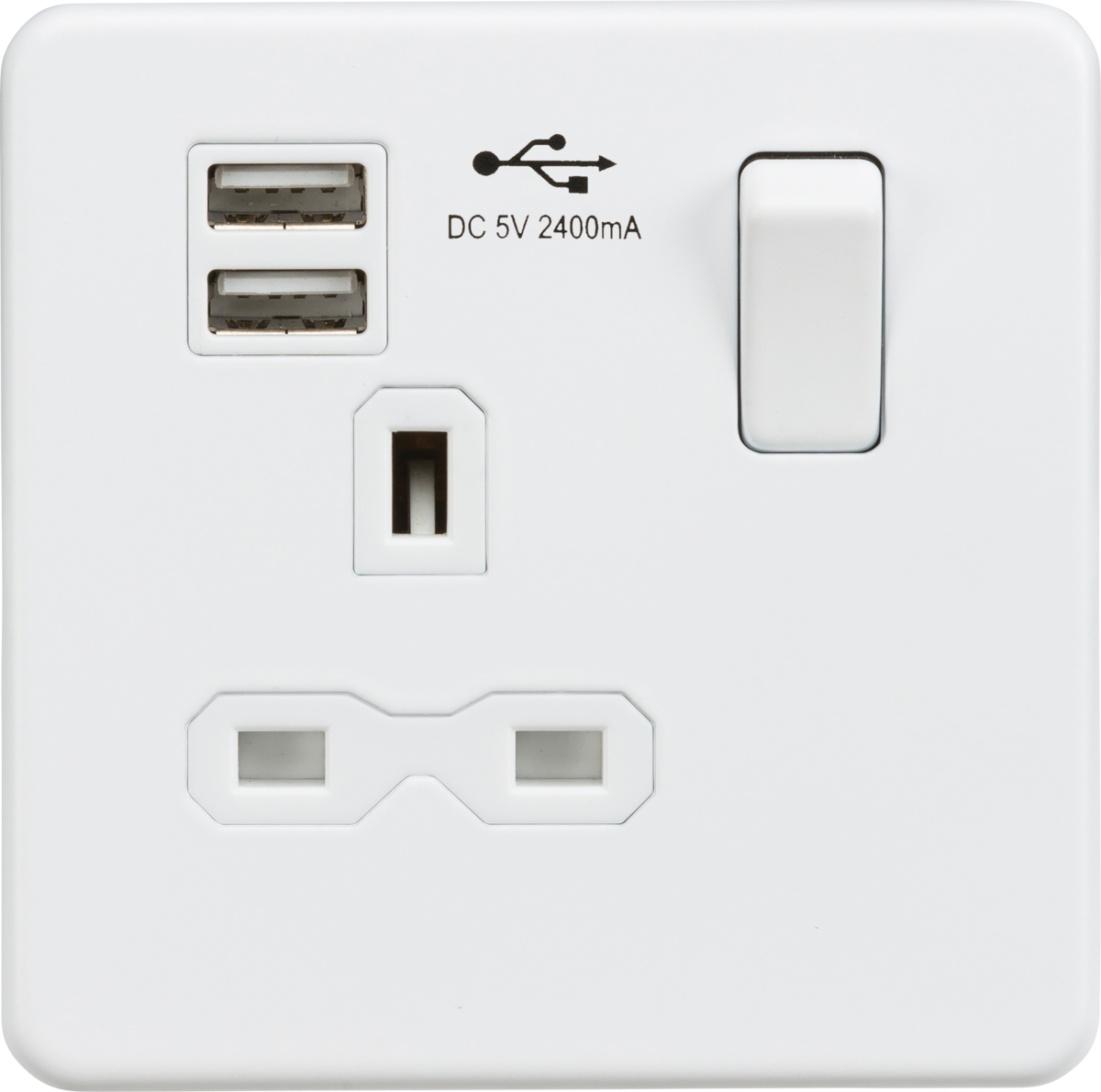 Screwless 13A 1G switched socket with dual USB charger (2.4A) - matt white