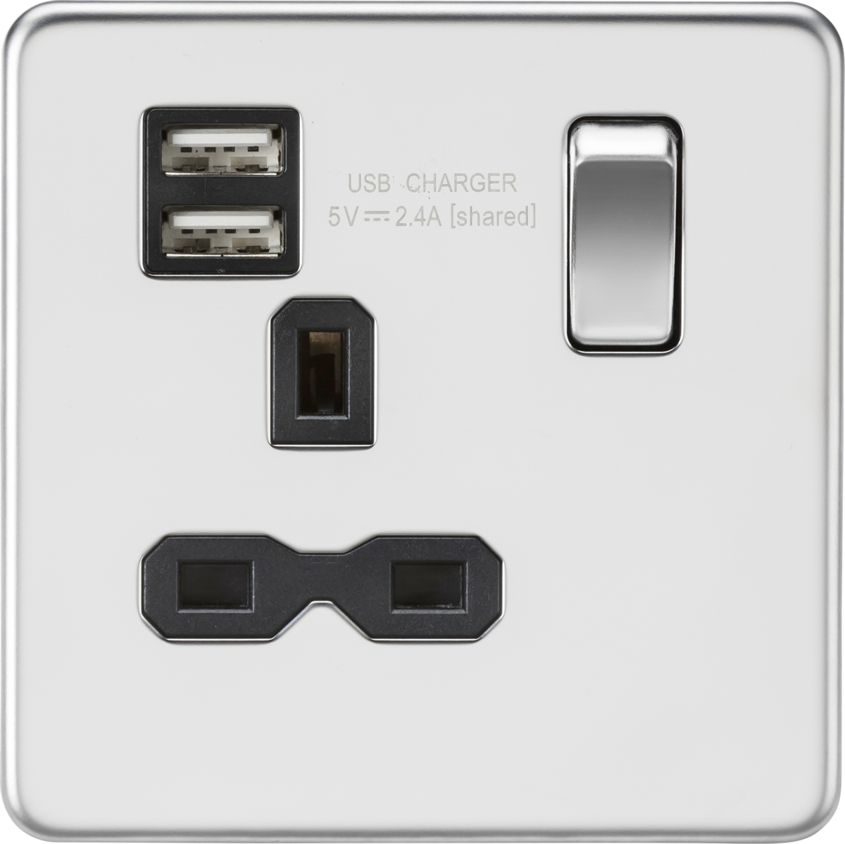 Screwless 13A 1G switched socket with dual USB charger (2.4A) - polished chrome with black insert