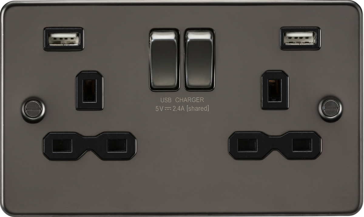 13A 2G switched socket with dual USB charger A + A (2.4A) - Gunmetal with black insert
